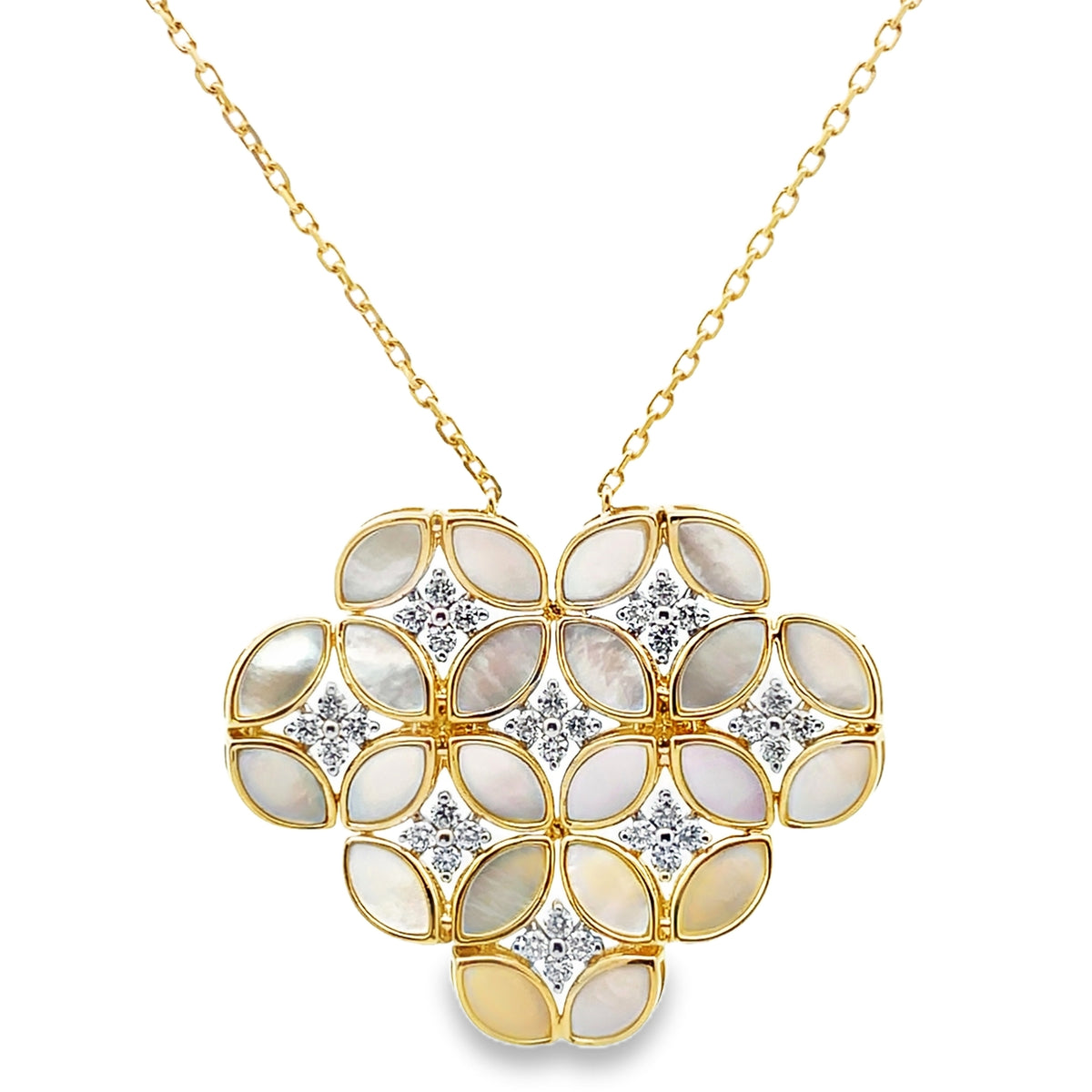 14K Yellow Gold Necklace, Mother of Pearl Totaling 5.71 carats, Diamonds Totaling 0.82 carats, Adjustable Length