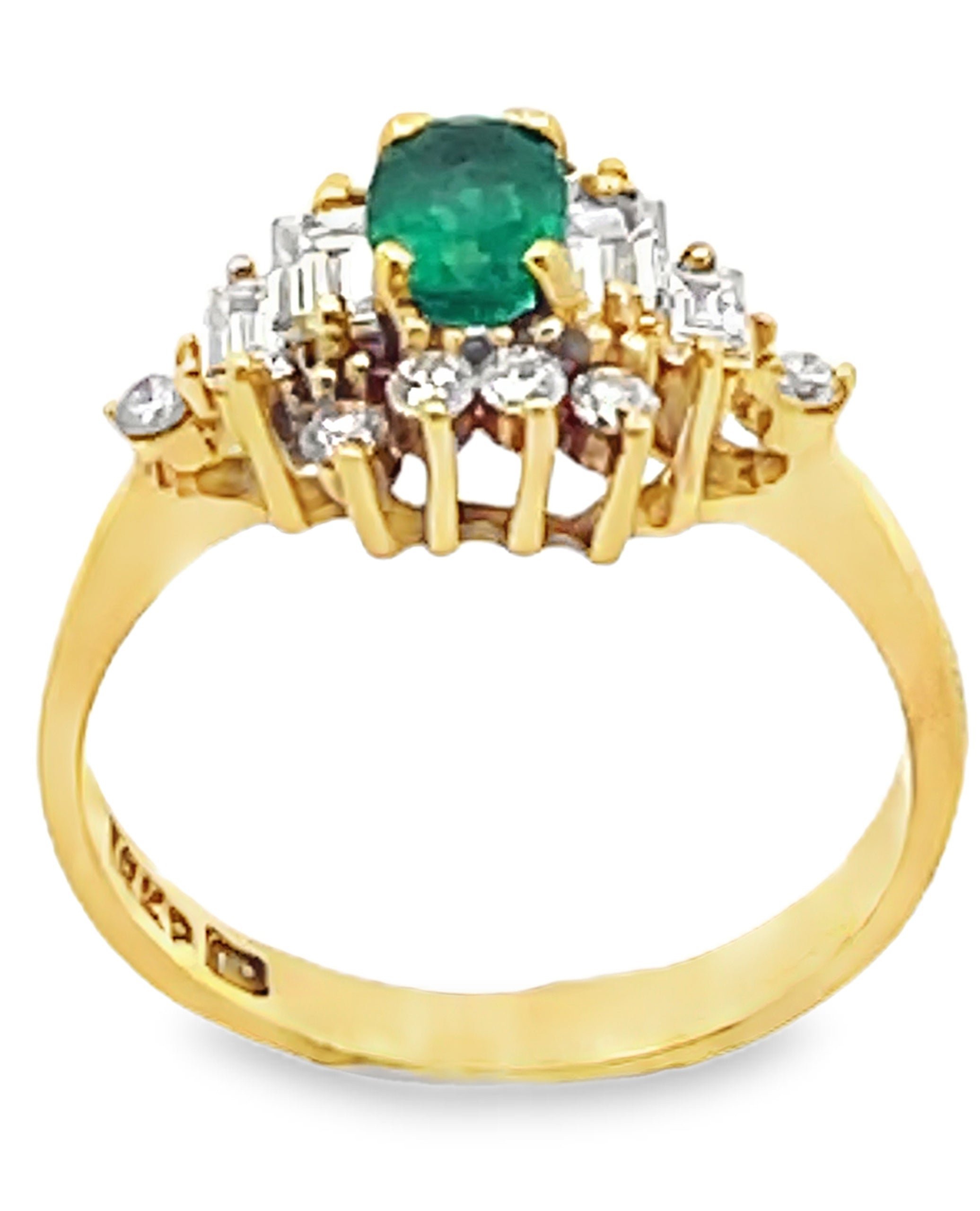 Vintage Oval Emerald Ring with Round and Baguette Diamonds Set in 18K Yellow Gold