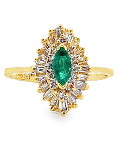 Vintage Marquise 0.30 Carat Emerald in 18K Yellow Gold Cocktail Ballerina Ring with 0.68 Carat Double Halo Diamonds