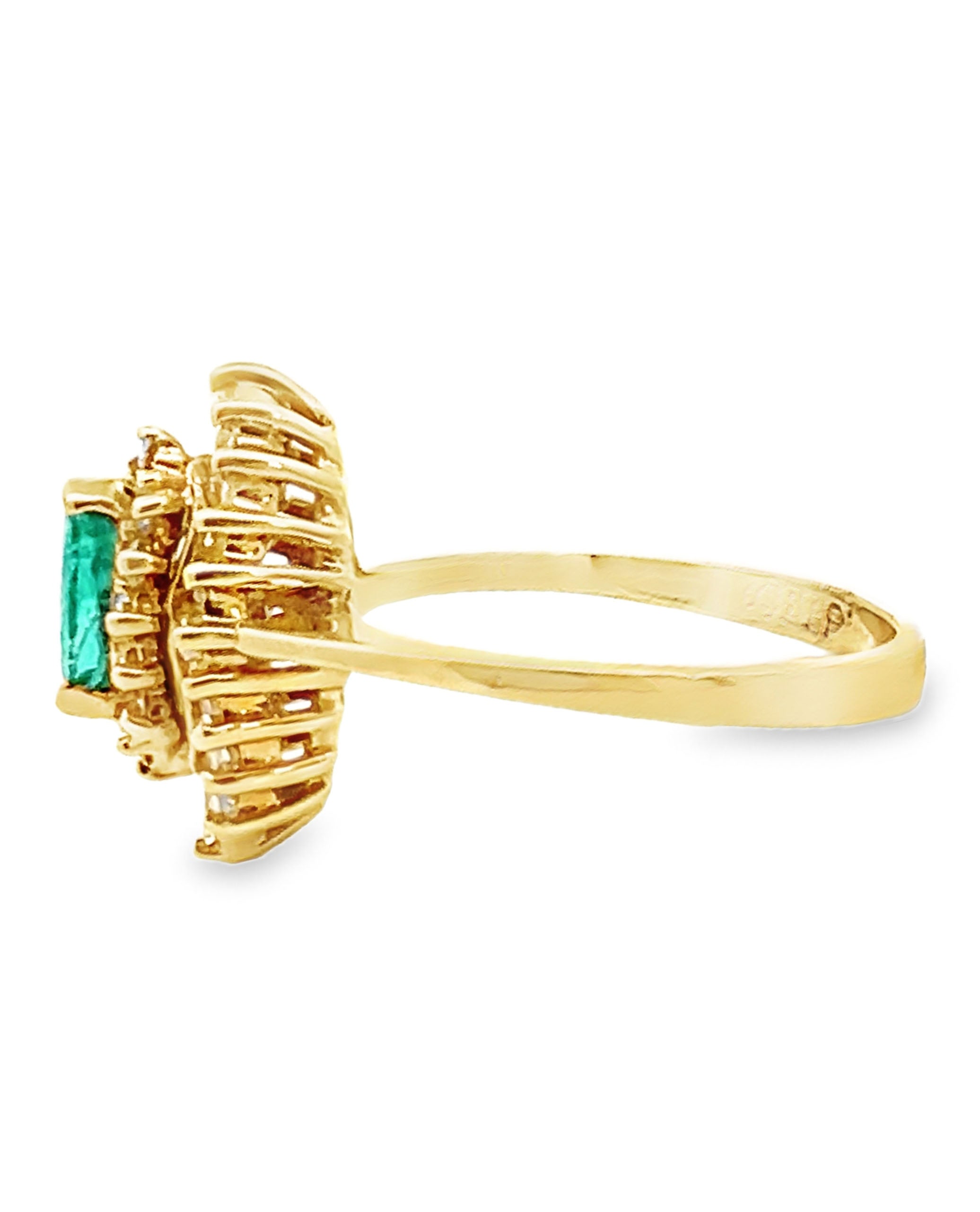 Vintage Marquise Emerald Ring with Round and Baguette Diamonds in 18K Yellow Gold