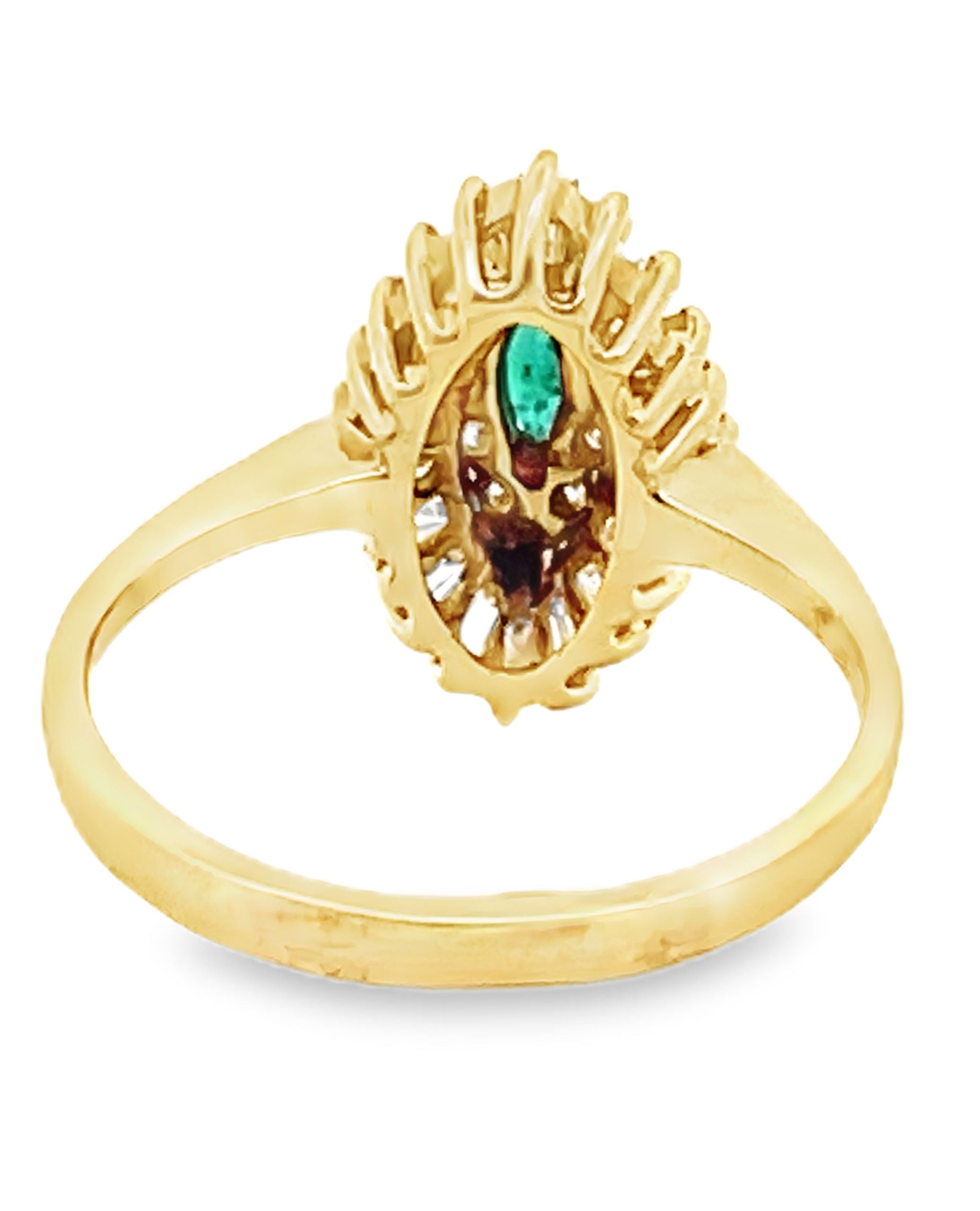 Vintage Marquise Emerald Ring with Round and Baguette Diamonds in 18K Yellow Gold