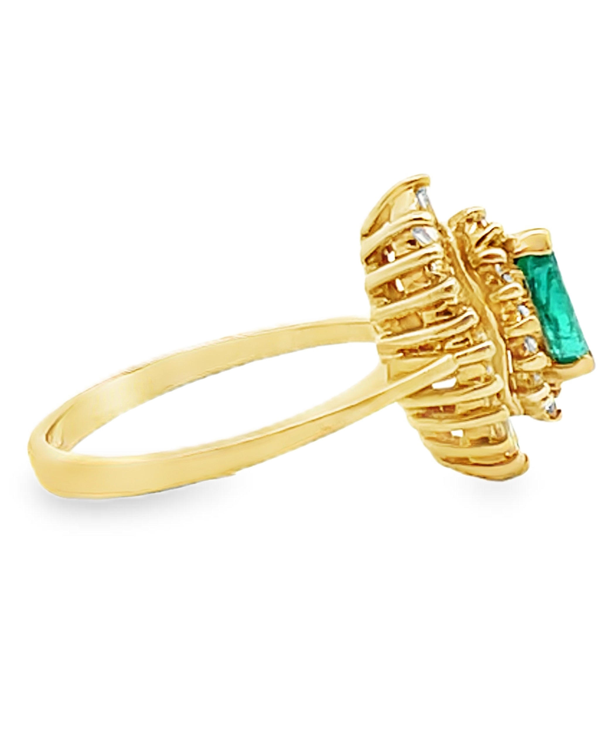 Vintage Marquise 0.30 Carat Emerald in 18K Yellow Gold Cocktail Ballerina Ring with 0.68 Carat Double Halo Diamonds