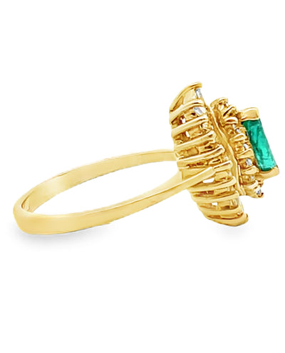 Vintage Marquise 0.30 Carat Emerald in 18K Yellow Gold Cocktail Ballerina Ring with 0.68 Carat Double Halo Diamonds