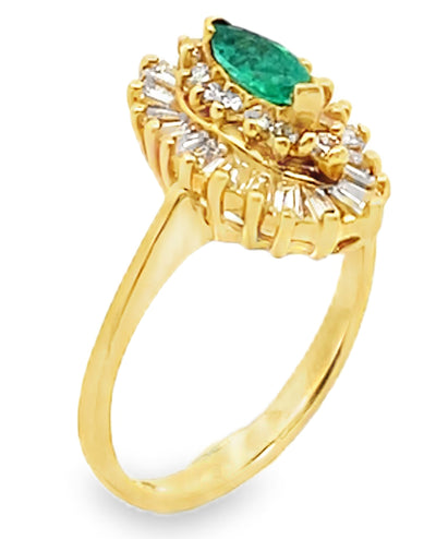 Vintage Marquise 0.30 Carat Emerald in 18K Yellow Gold Cocktail Ballerina Ring with 0.68 Carat Double Halo Diamonds