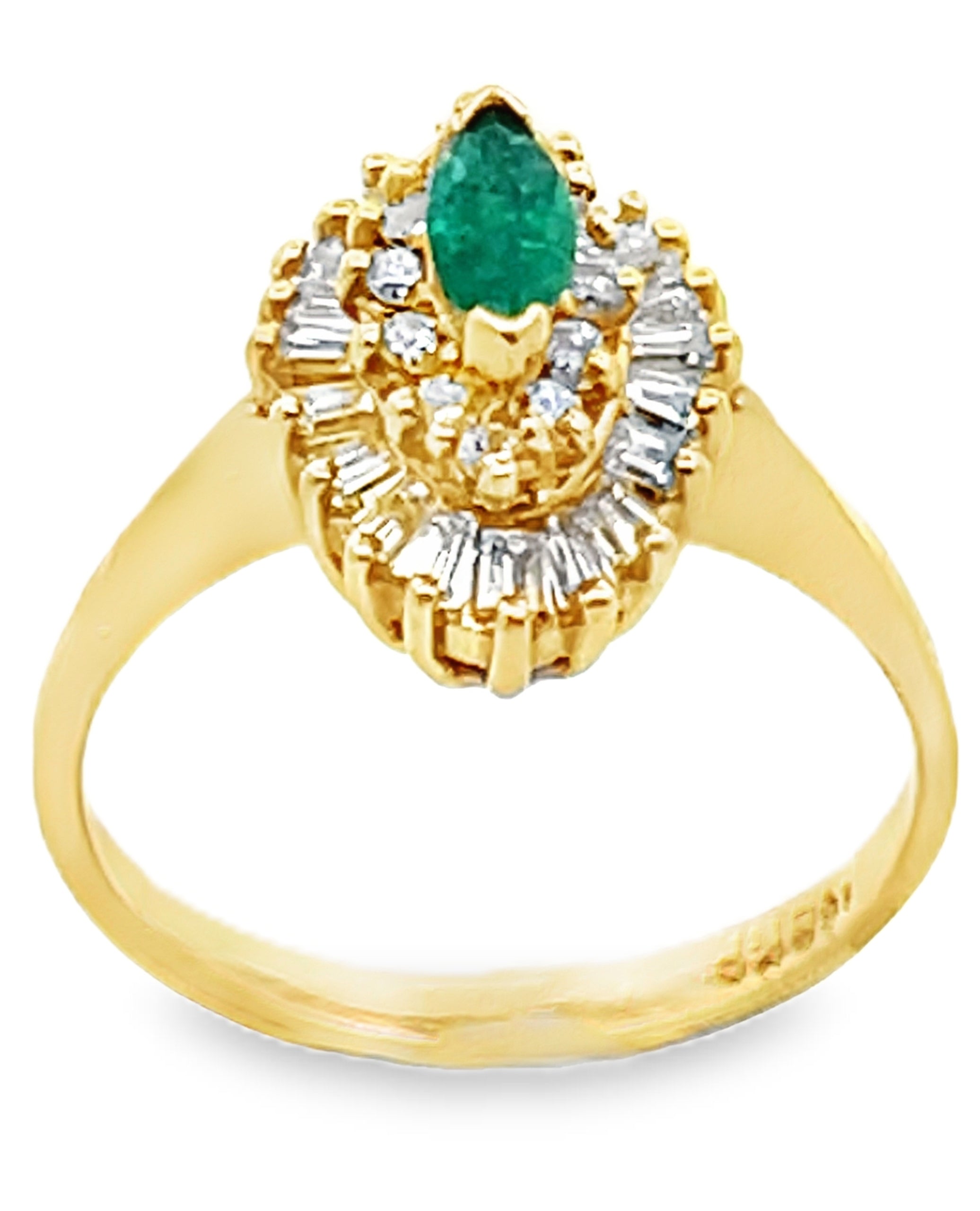 Vintage Marquise 0.30 Carat Emerald in 18K Yellow Gold Cocktail Ballerina Ring with 0.68 Carat Double Halo Diamonds
