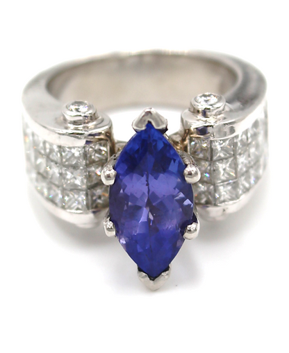 Marquie Tanzanite and Invisibly Set Diamonds in Platinum Ring