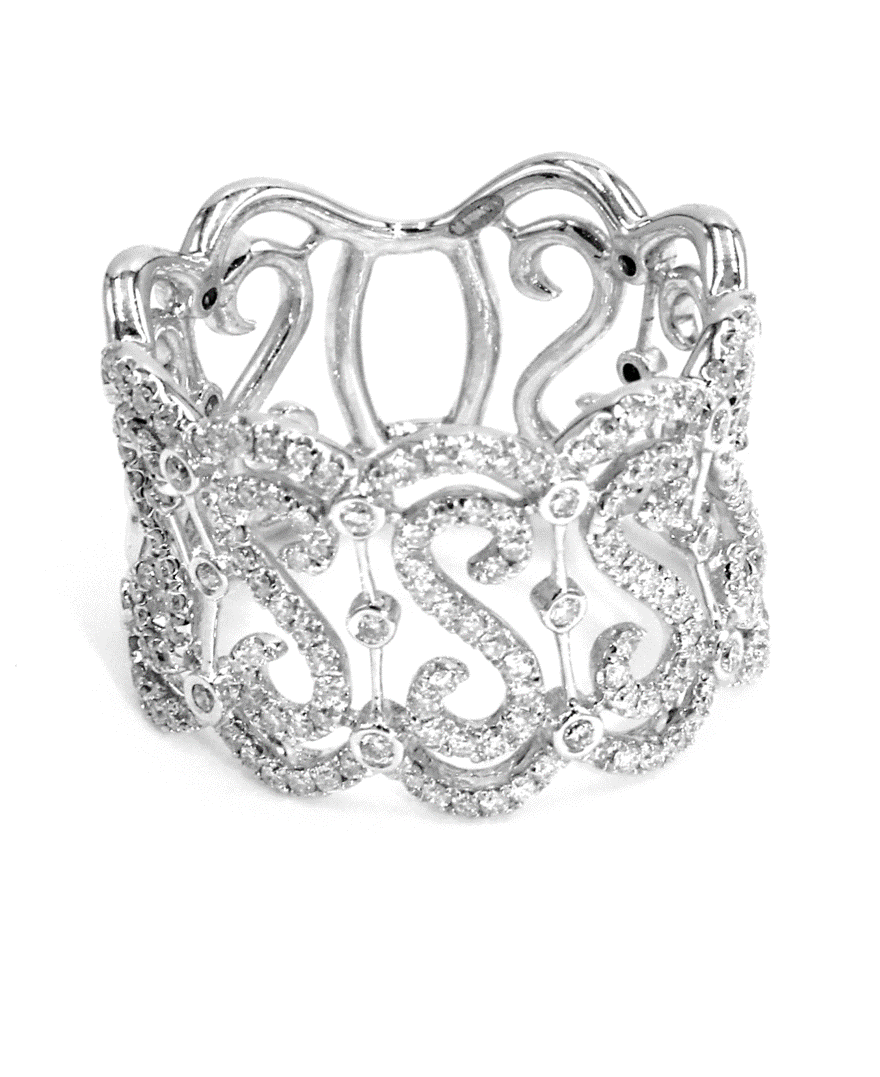 Wide 18K White Gold Ring with Repeating "S" Motif with Round Diamonds