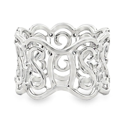 Vanna K Wide 14 Millimeter Diamond Ring in 18K White Gold with Repeating "S" Motif, Round Diamonds Totaling 0.69 Carats