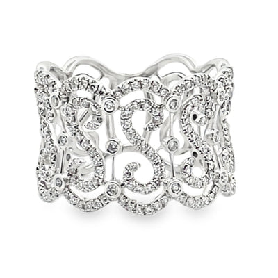Vanna K Wide 14 Millimeter Diamond Ring in 18K White Gold with Repeating "S" Motif, Round Diamonds Totaling 0.69 Carats