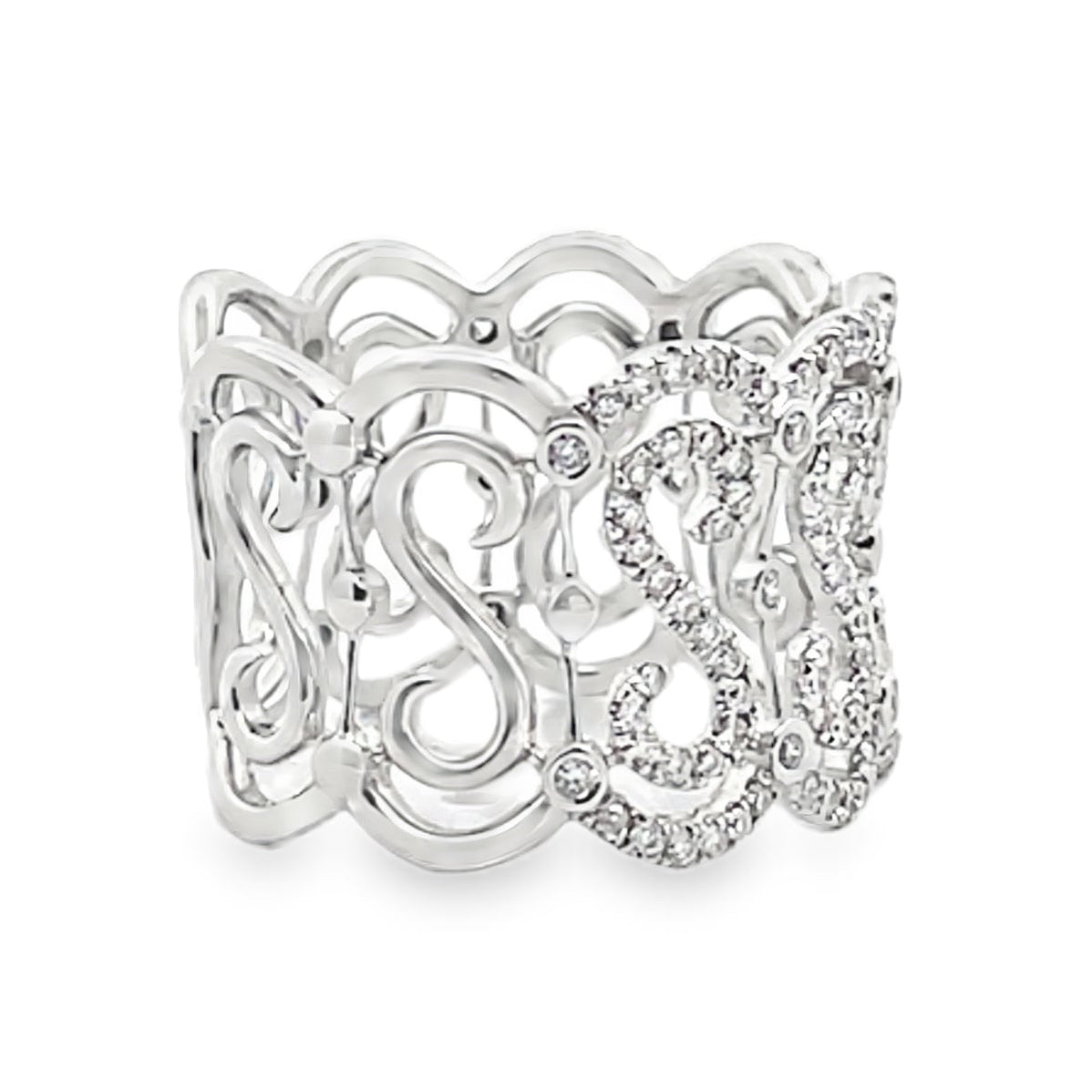 Vanna K Wide 14 Millimeter Diamond Ring in 18K White Gold with Repeating "S" Motif, Round Diamonds Totaling 0.69 Carats
