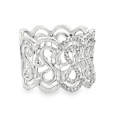 Vanna K Wide 14 Millimeter Diamond Ring in 18K White Gold with Repeating "S" Motif, Round Diamonds Totaling 0.69 Carats