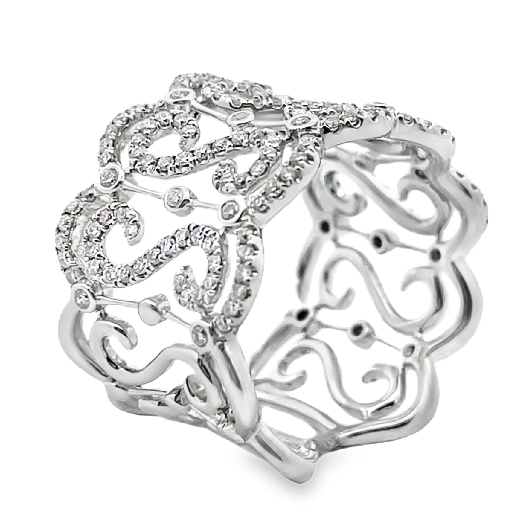 Vanna K Wide 14 Millimeter Diamond Ring in 18K White Gold with Repeating "S" Motif, Round Diamonds Totaling 0.69 Carats