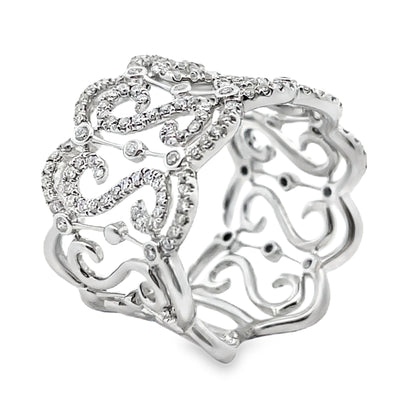 Vanna K Wide 14 Millimeter Diamond Ring in 18K White Gold with Repeating "S" Motif, Round Diamonds Totaling 0.69 Carats