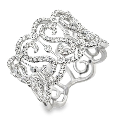 Vanna K Wide 14 Millimeter Diamond Ring in 18K White Gold with Repeating "S" Motif, Round Diamonds Totaling 0.69 Carats