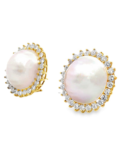 Pre-Owned 18K Yellow Gold Mabe Pearl & Diamond Earrings