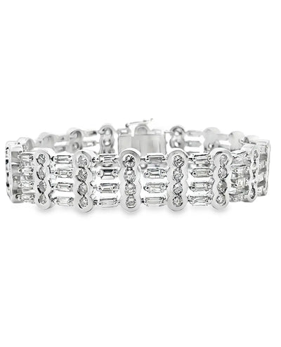 Vintage 18K White Gold Wide Multi-row Bracelet 9.88 Carat Round & Baguette Natural Diamonds