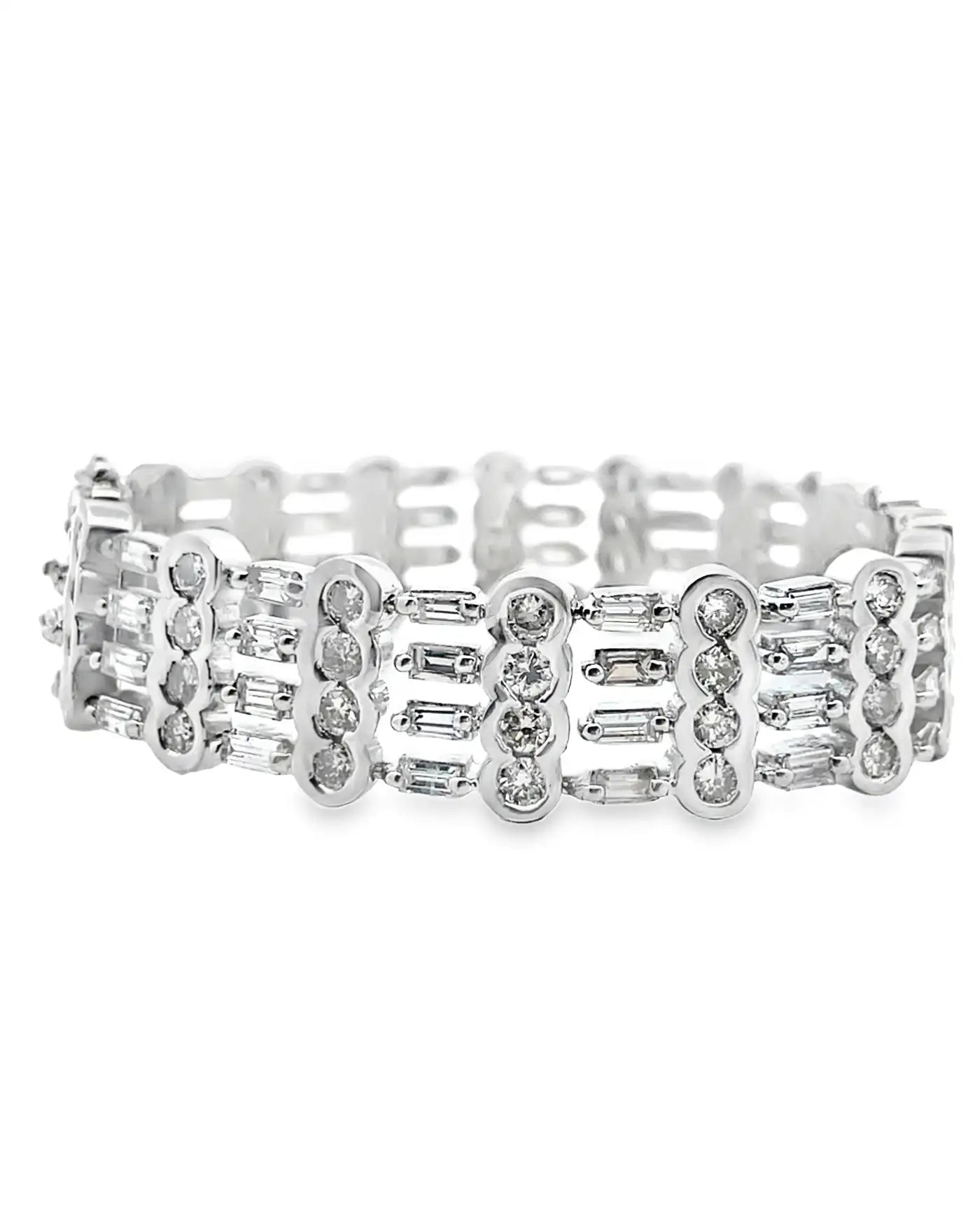 Vintage 18K White Gold Wide Multi-row Bracelet 9.88 Carat Round & Baguette Natural Diamonds