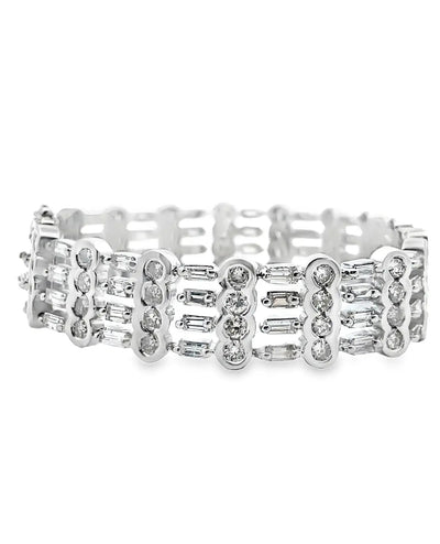 Vintage 18K White Gold Wide Multi-row Bracelet 9.88 Carat Round & Baguette Natural Diamonds