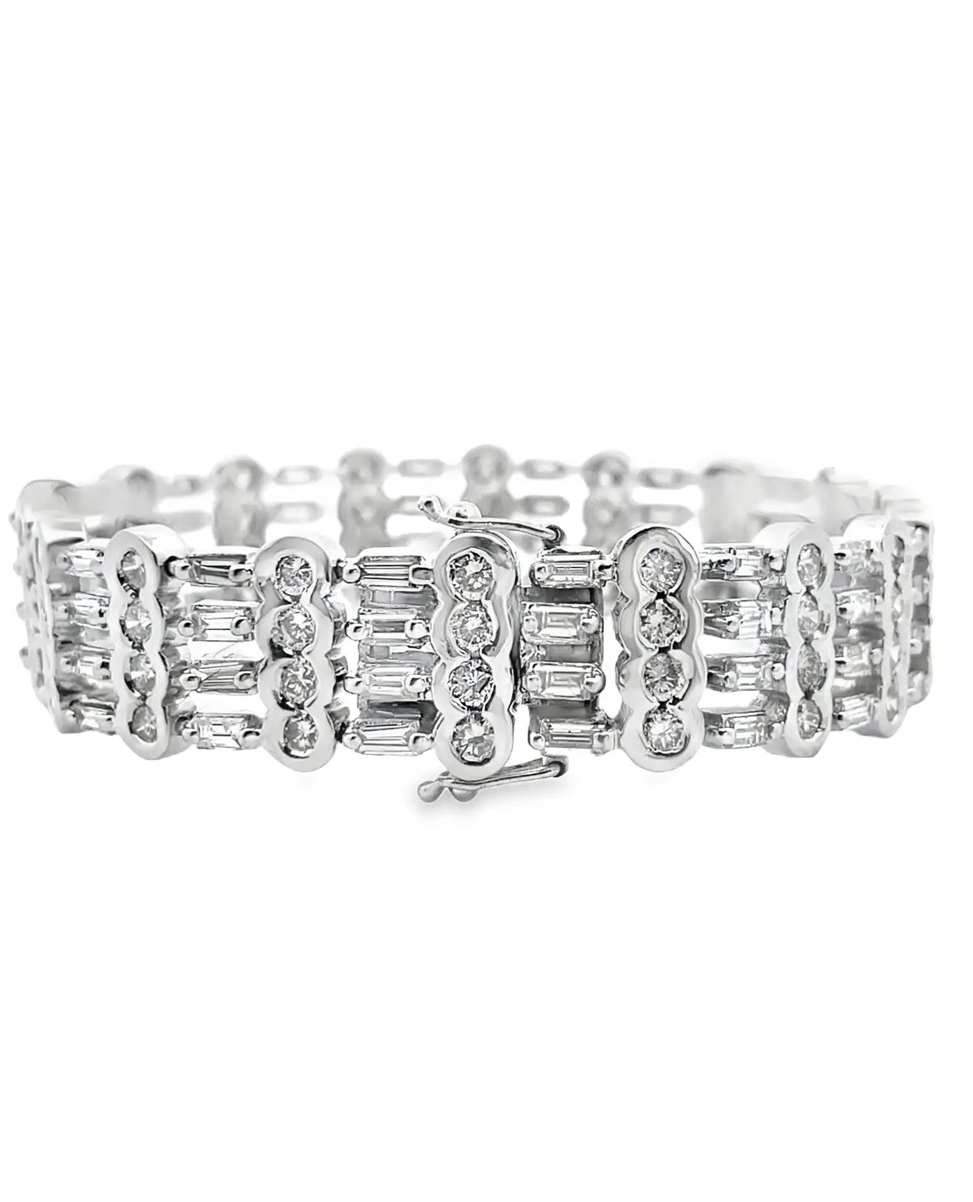 Vintage 18K White Gold Wide Multi-row Bracelet 9.88 Carat Round & Baguette Natural Diamonds