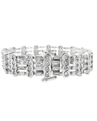 Vintage 18K White Gold Wide Multi-row Bracelet 9.88 Carat Round & Baguette Natural Diamonds