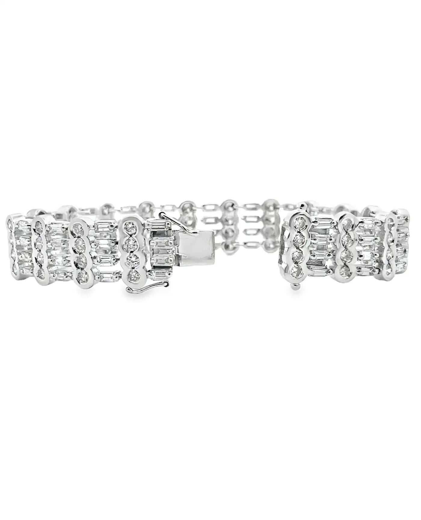 Vintage 18K White Gold Wide Multi-row Bracelet 9.88 Carat Round & Baguette Natural Diamonds