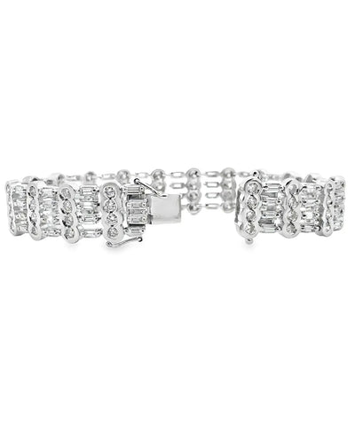 Vintage 18K White Gold Wide Multi-row Bracelet 9.88 Carat Round & Baguette Natural Diamonds