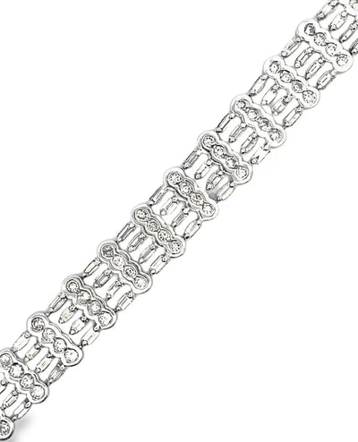 Vintage 18K White Gold Wide Multi-row Bracelet 9.88 Carat Round & Baguette Natural Diamonds