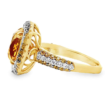 Cushion Shape Citrine Ring with Diamonds & Yellow Sapphires in 18K Gold