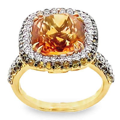 Cushion Shape Citrine Ring with Diamonds & Yellow Sapphires in 18K Gold
