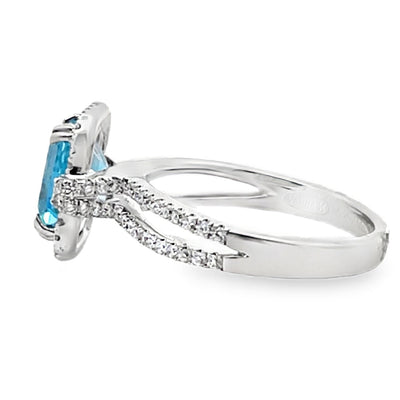 Vanna K 18RO51811DCZ Diamond Ring with One Emerald Cut 8X6 Millimeter Swiss Blue Topaz