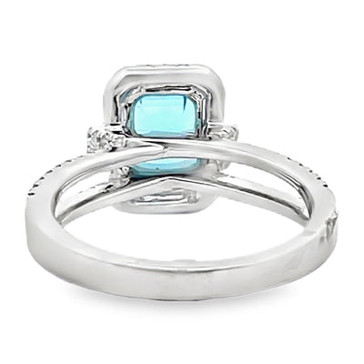Vanna K 18RO51811DCZ Diamond Ring with One Emerald Cut 8X6 Millimeter Swiss Blue Topaz