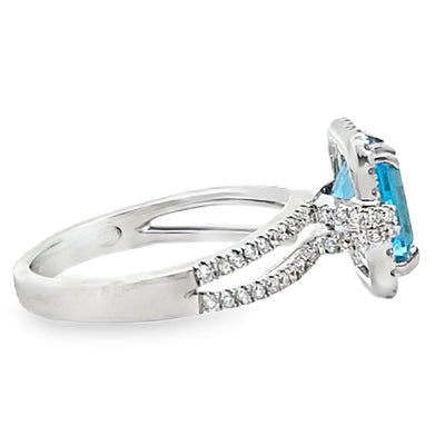 Vanna K 18RO51811DCZ Diamond Ring with One Emerald Cut 8X6 Millimeter Swiss Blue Topaz