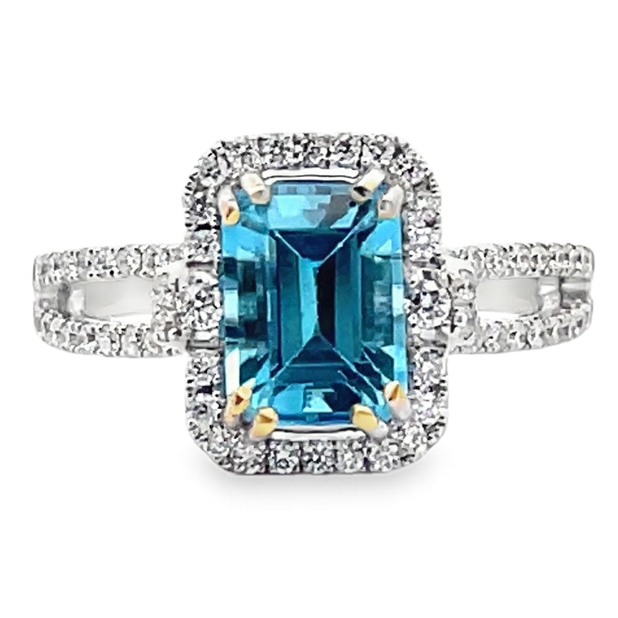 Vanna K 18RO51811DCZ Diamond Ring with One Emerald Cut 8X6 Millimeter Swiss Blue Topaz