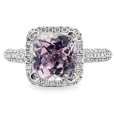 Vanna K 18K White Gold Diamond Halo Ring with Center Cushion Shaped Kunzite