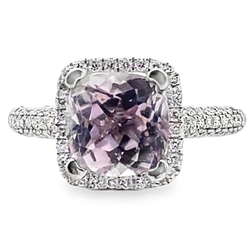 Vanna K 18K White Gold Diamond Halo Ring with Center Cushion Shaped Kunzite