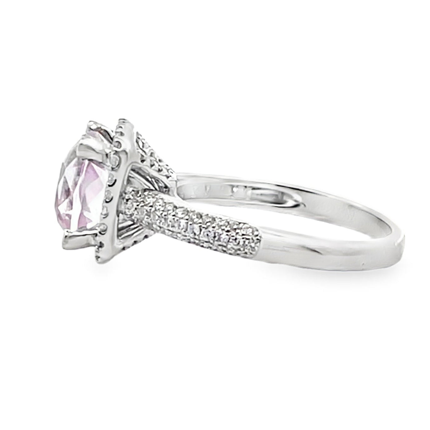Vanna K 18K White Gold Diamond Halo Ring with Center Cushion Shaped Kunzite