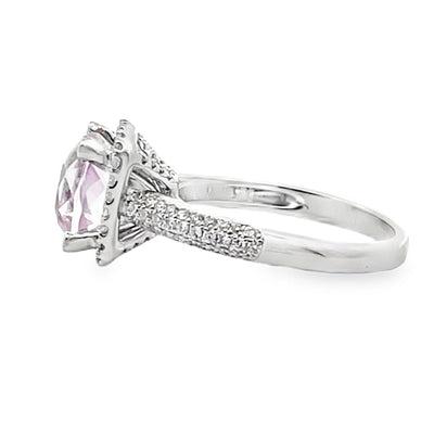 Vanna K 18K White Gold Diamond Halo Ring with Center Cushion Shaped Kunzite