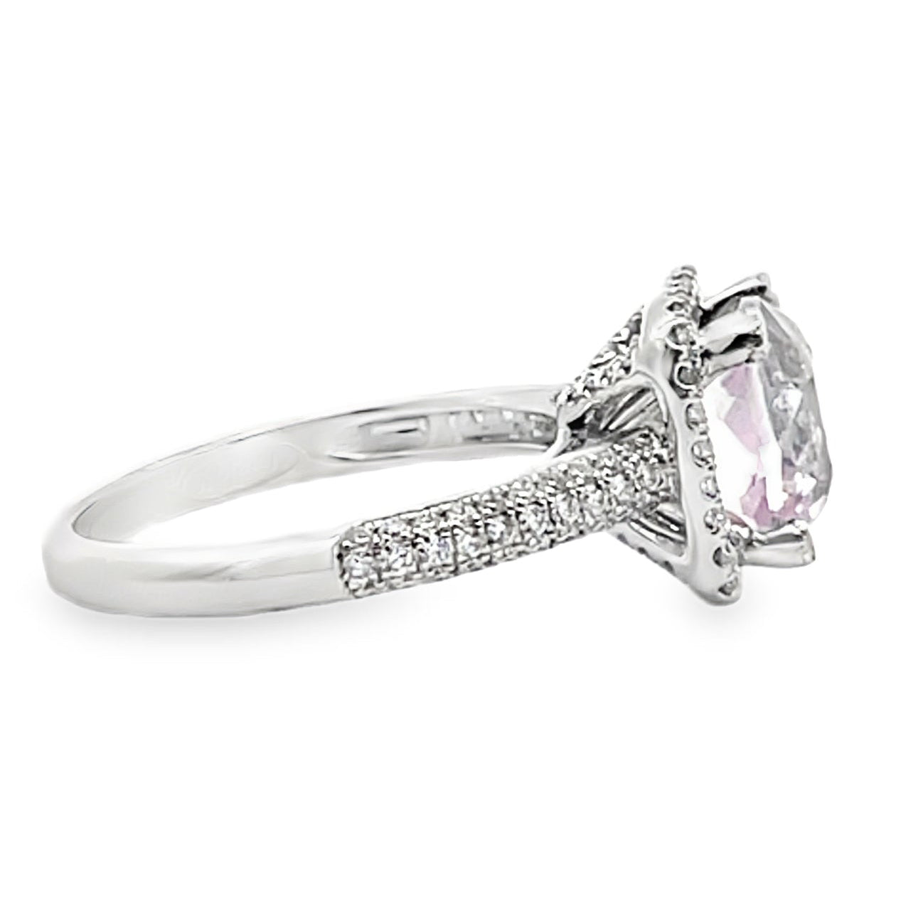 Vanna K 18K White Gold Diamond Halo Ring with Center Cushion Shaped Kunzite