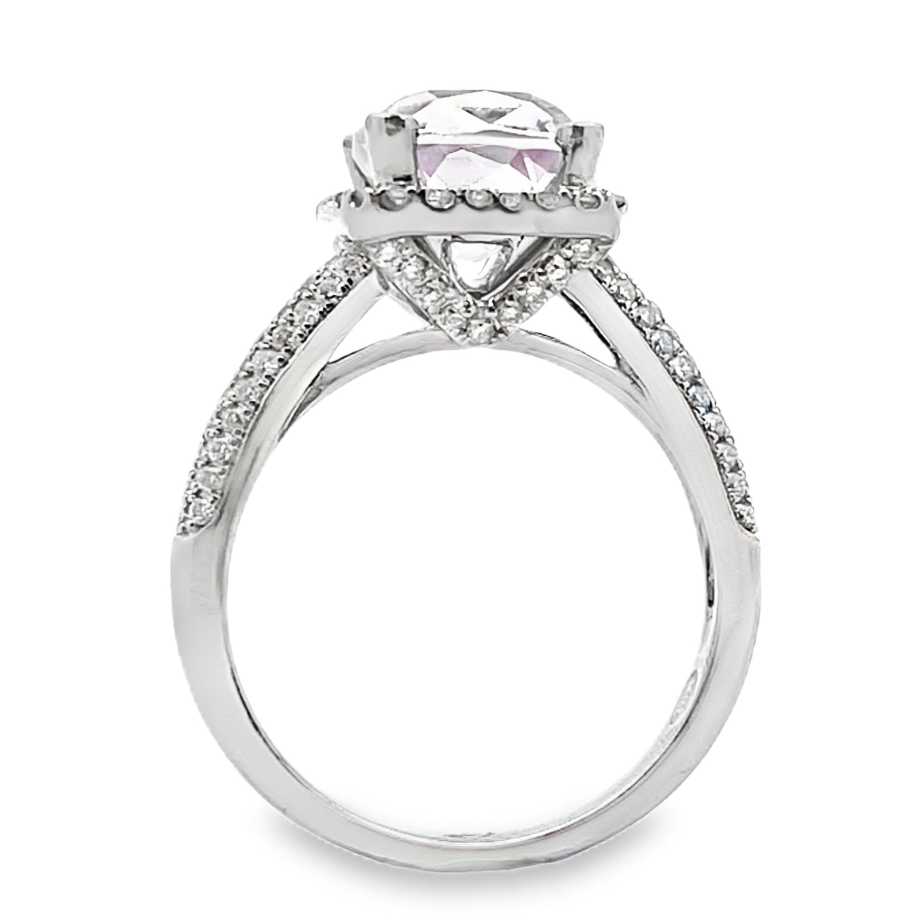 Vanna K 18K White Gold Diamond Halo Ring with Center Cushion Shaped Kunzite