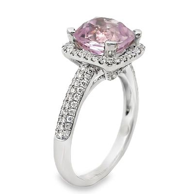Vanna K 18K White Gold Diamond Halo Ring with Center Cushion Shaped Kunzite