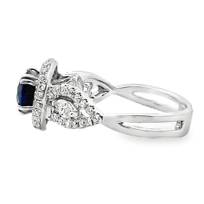 Vanna K 18K White Gold Halo Ring with Round Sapphire and Marquise Diamonds