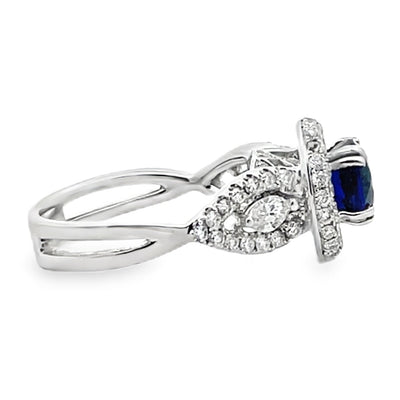 Vanna K 18K White Gold Halo Ring with Round Sapphire and Marquise Diamonds