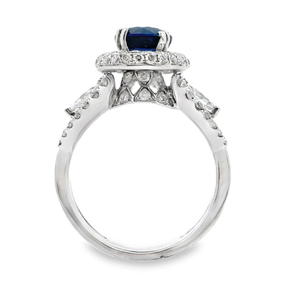 Vanna K 18K White Gold Halo Ring with Round Sapphire and Marquise Diamonds