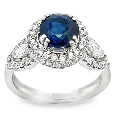 Vanna K 18K White Gold Halo Ring with Round Sapphire and Marquise Diamonds
