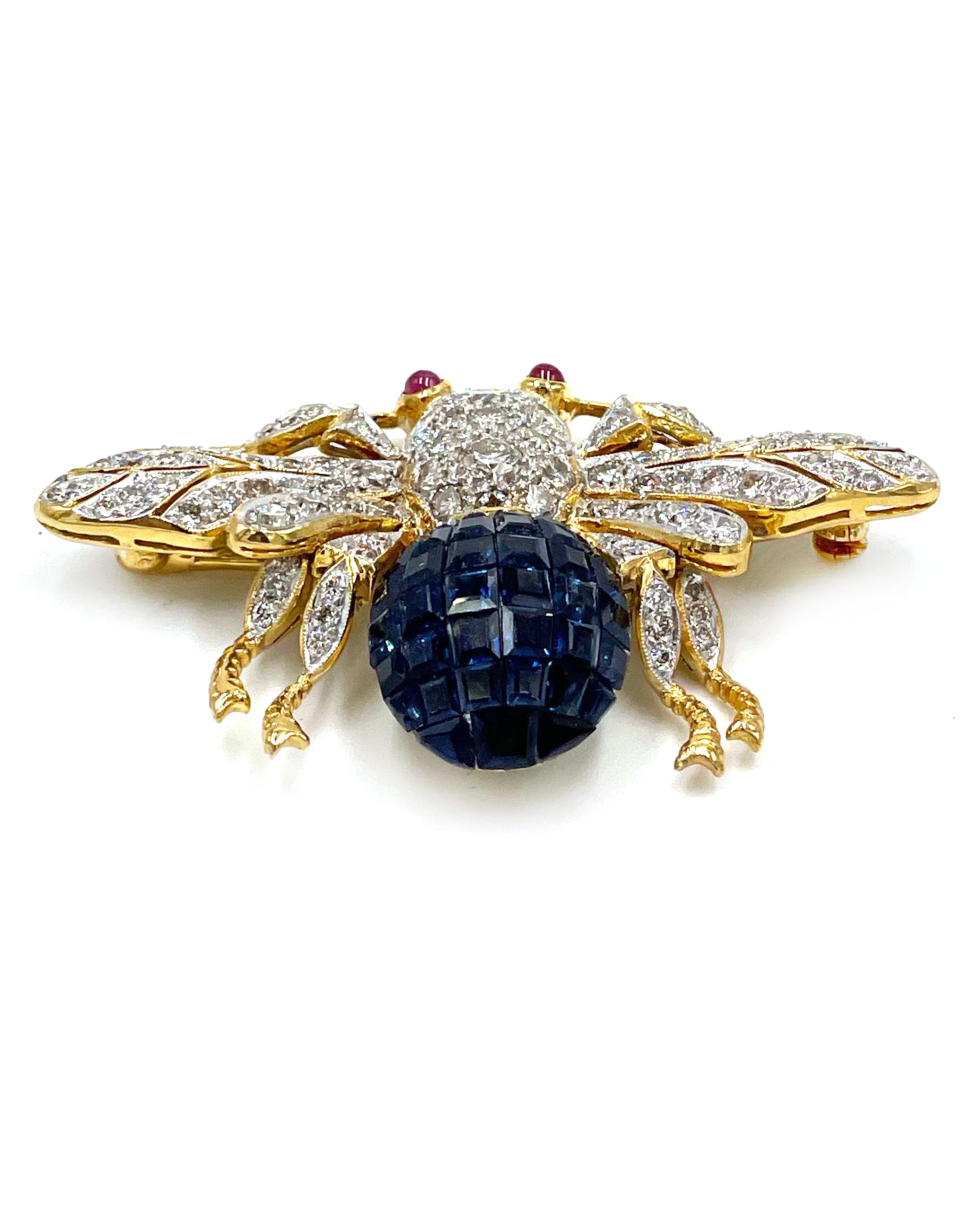 Pre-owned 18K Yellow Gold Deep Intense Blue Sapphire Bee Pin