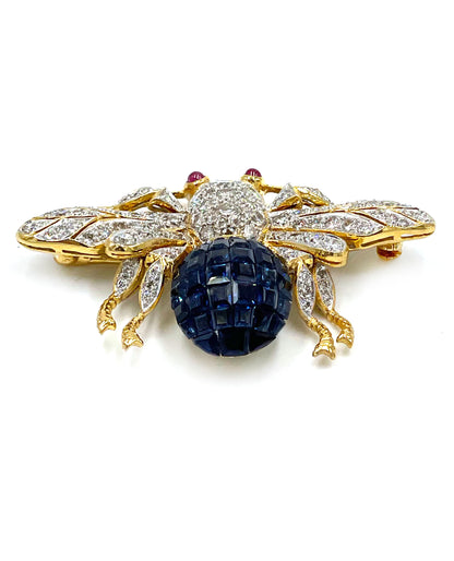 Pre-owned 18K Yellow Gold Deep Intense Blue Sapphire Bee Pin