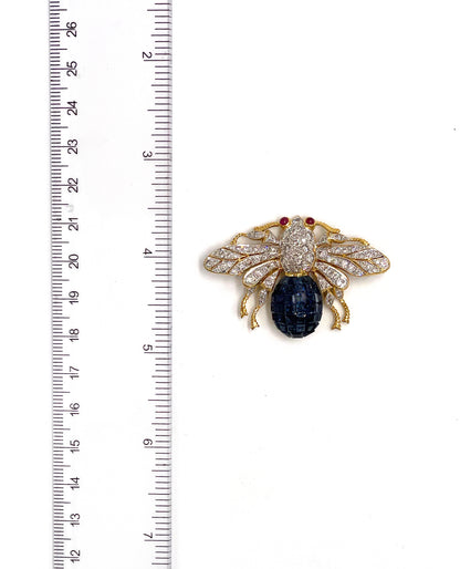 Pre-owned 18K Yellow Gold Deep Intense Blue Sapphire Bee Pin