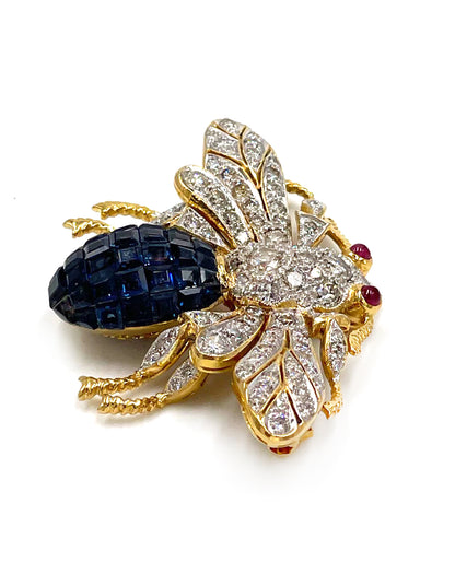 Pre-owned 18K Yellow Gold Deep Intense Blue Sapphire Bee Pin