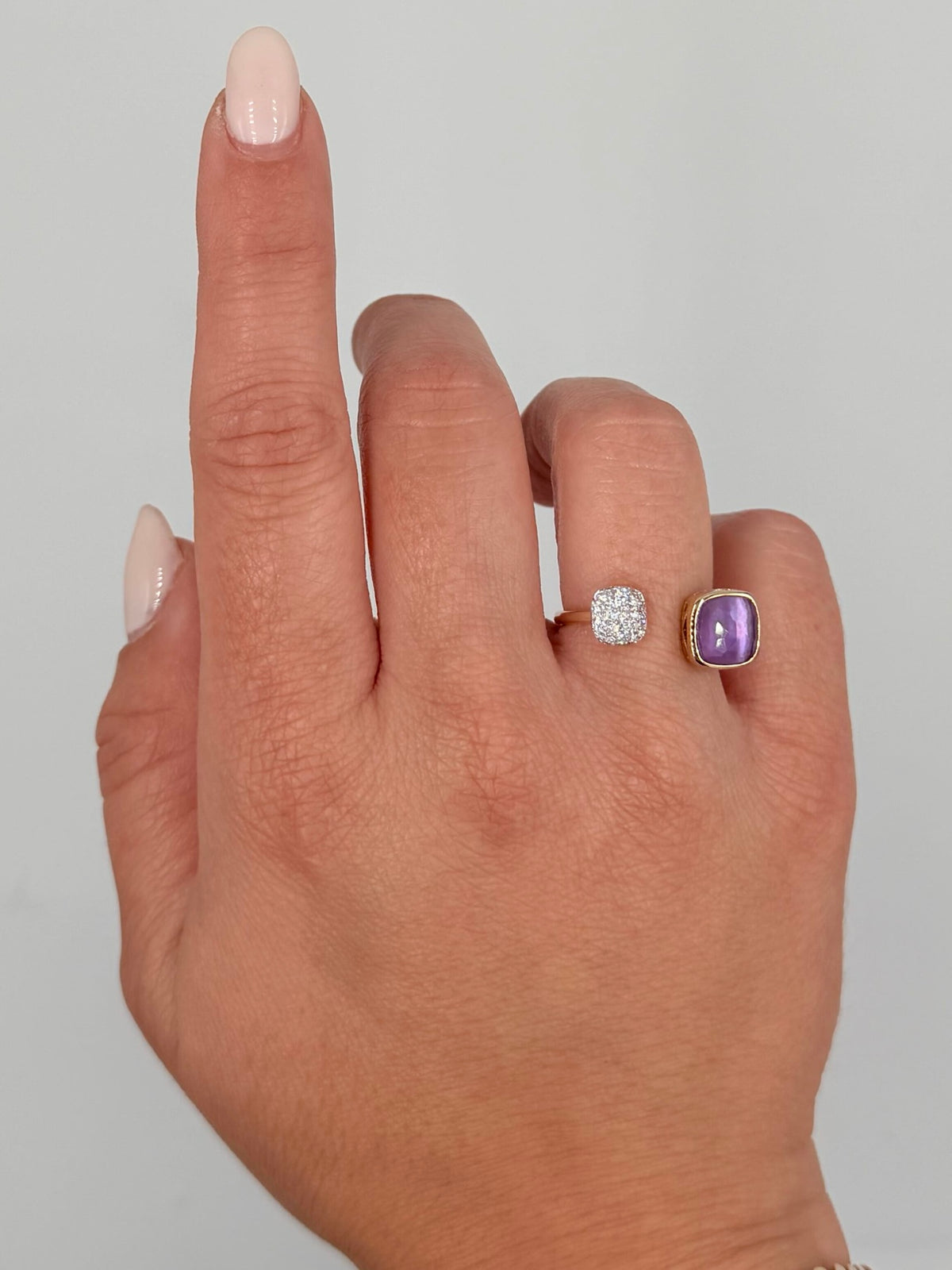 14K Two-Tone Gold Bypass Ring With Round Diamonds Totaling 0.22 Carats, One Amethyst 2.39 Carats