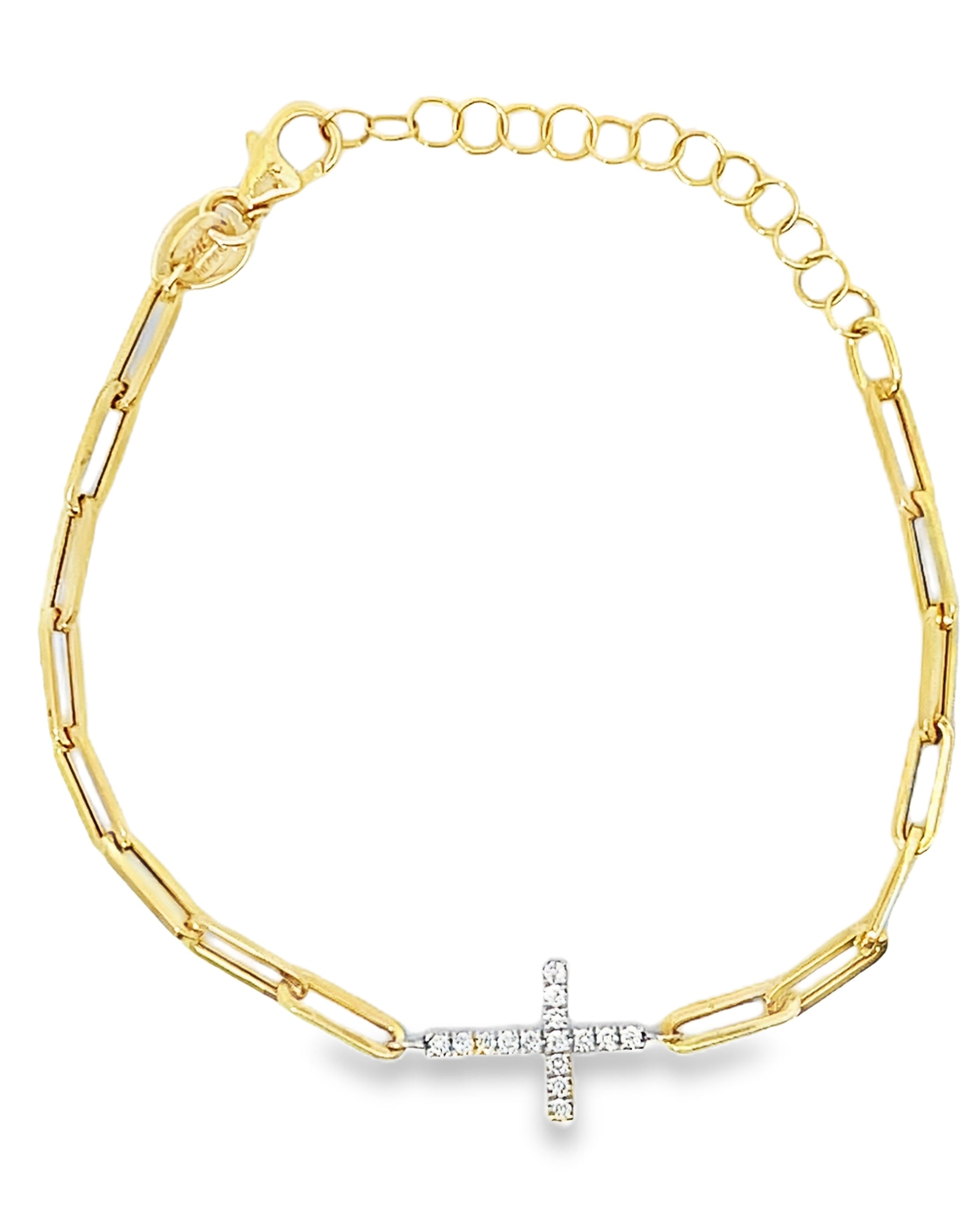 Meira T 1B7068/TY 14K Two Tone Gold Paperclip Diamond Cross Bracelet